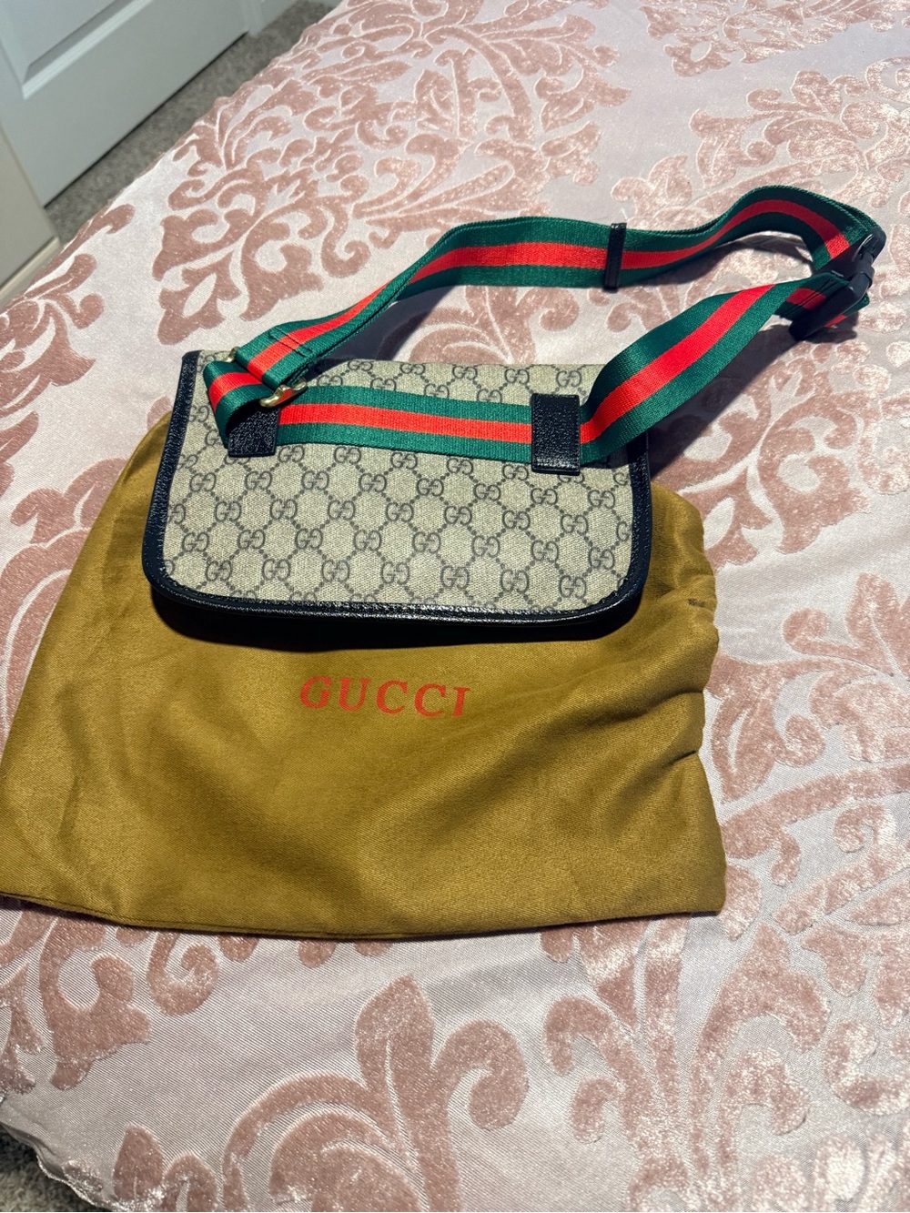 Beige Belt Bag with Green & Red Web Strap - Picture 2 of 4
